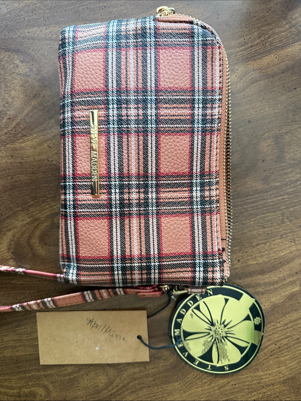 Steve Madden Plaid Zip-Around Wristlet Wallet with Gold Hardware